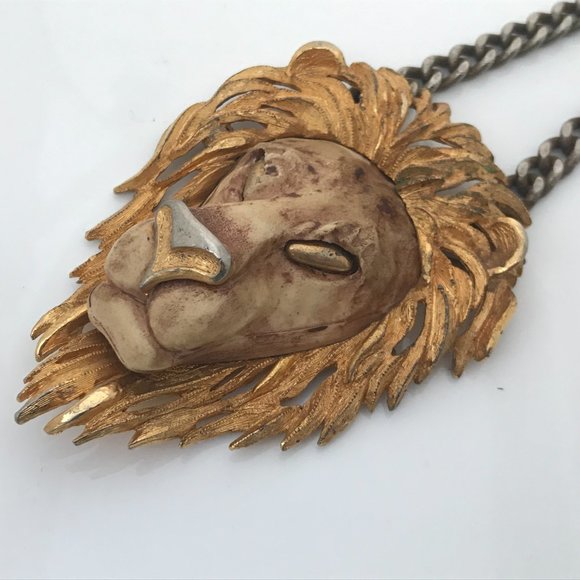 Vintage Necklace Men Jewelry Loin Face Gold Tone M - Picture 2 of 9